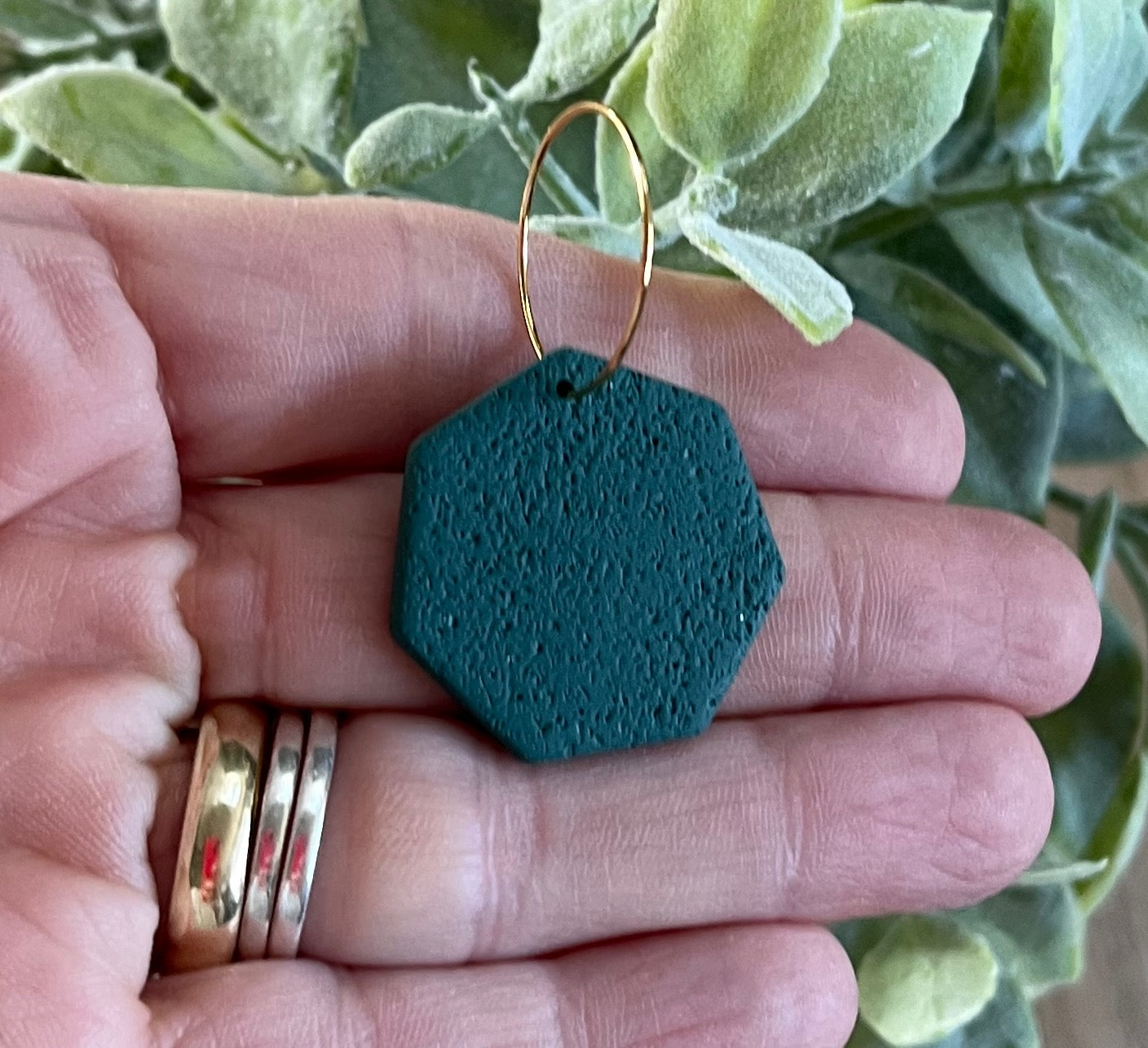 Green Heptagon Gold Plated Hoops