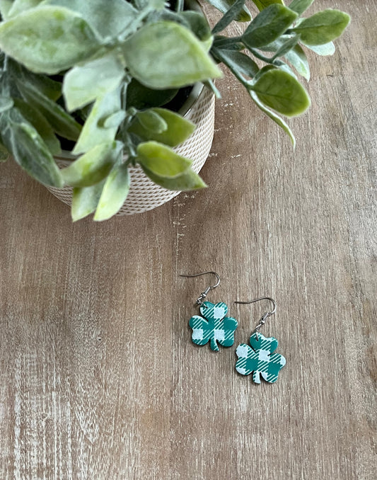 Green and White Plaid Shamrock Dangles
