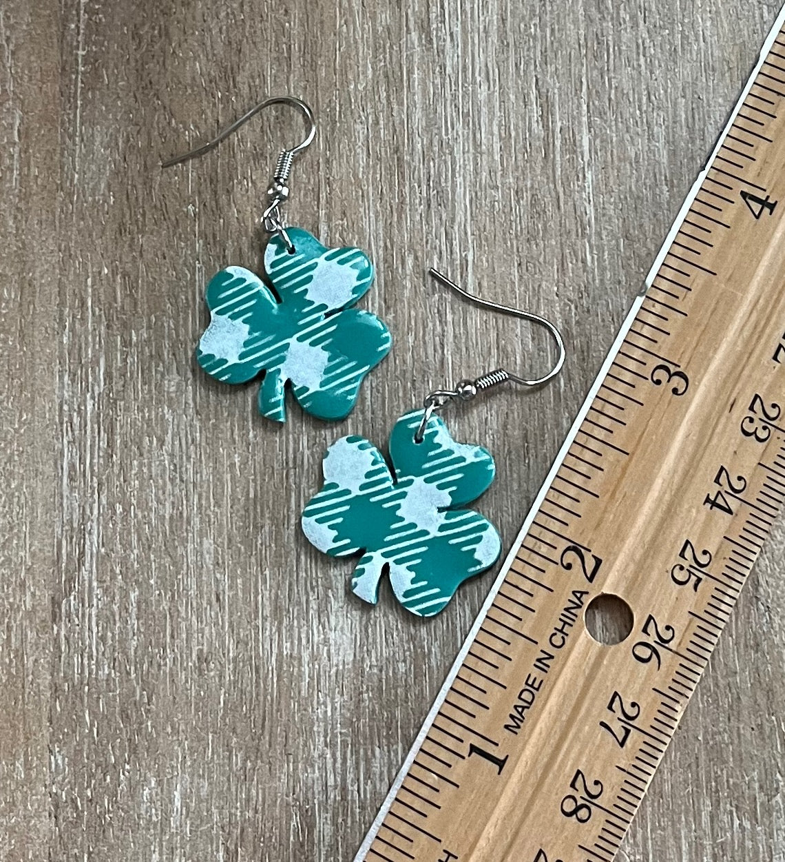 Green and White Plaid Shamrock Dangles